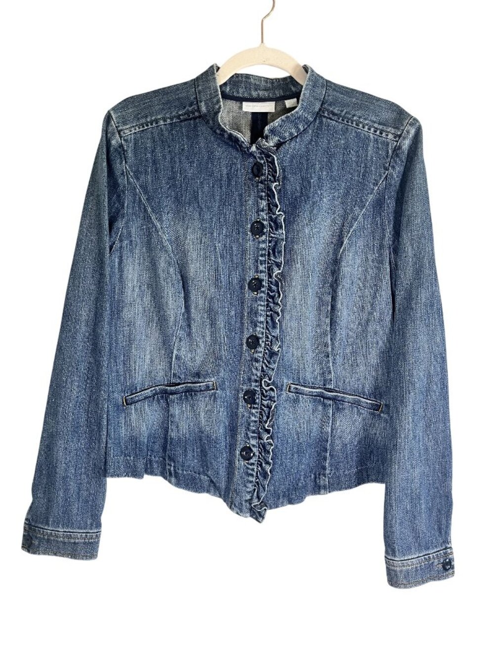 Retro Western Denim Ruffle Jean Jacket Blue L Rodeo Cowgirl Boho Indie Classic